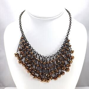 Bronze Faceted Czech Crystal Beaded Fringe Bib Necklace, 19 Inches